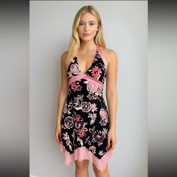 Bebe Black & Pink Floral Dress Y2K Size Medium - Picture 12 of 13